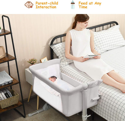 BABY JOY Baby Bedside Crib, Portable Travel Sleeper Bed Side Bassinet w/Carrying Bag, Newborn Bassinet to Infant, Kids Crib with Detachable Mattress, Height Adjustable Design, Breathable Mesh, Grey