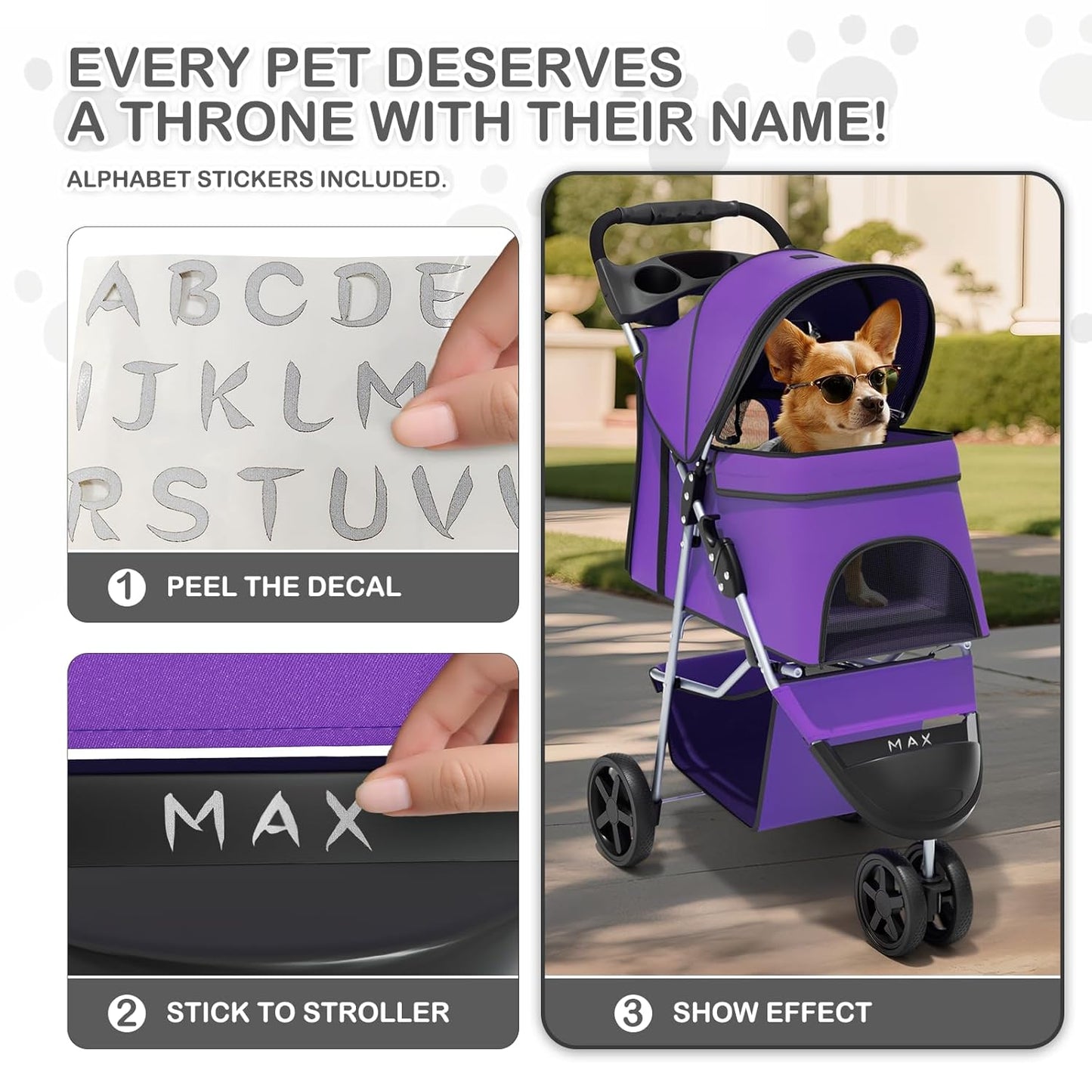 MoNiBloom Foldable Pet Stroller with Weather Cover, 3 Wheels Pet Strolling Cart for Small/Medium Dogs and Cats with Storage Basket and Cup Holder, Breathable and Visible Mesh for All-Season, Black