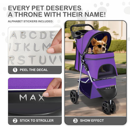 MoNiBloom Foldable Pet Stroller with Weather Cover, 3 Wheels Pet Strolling Cart for Small/Medium Dogs and Cats with Storage Basket and Cup Holder, Breathable and Visible Mesh for All-Season, Black