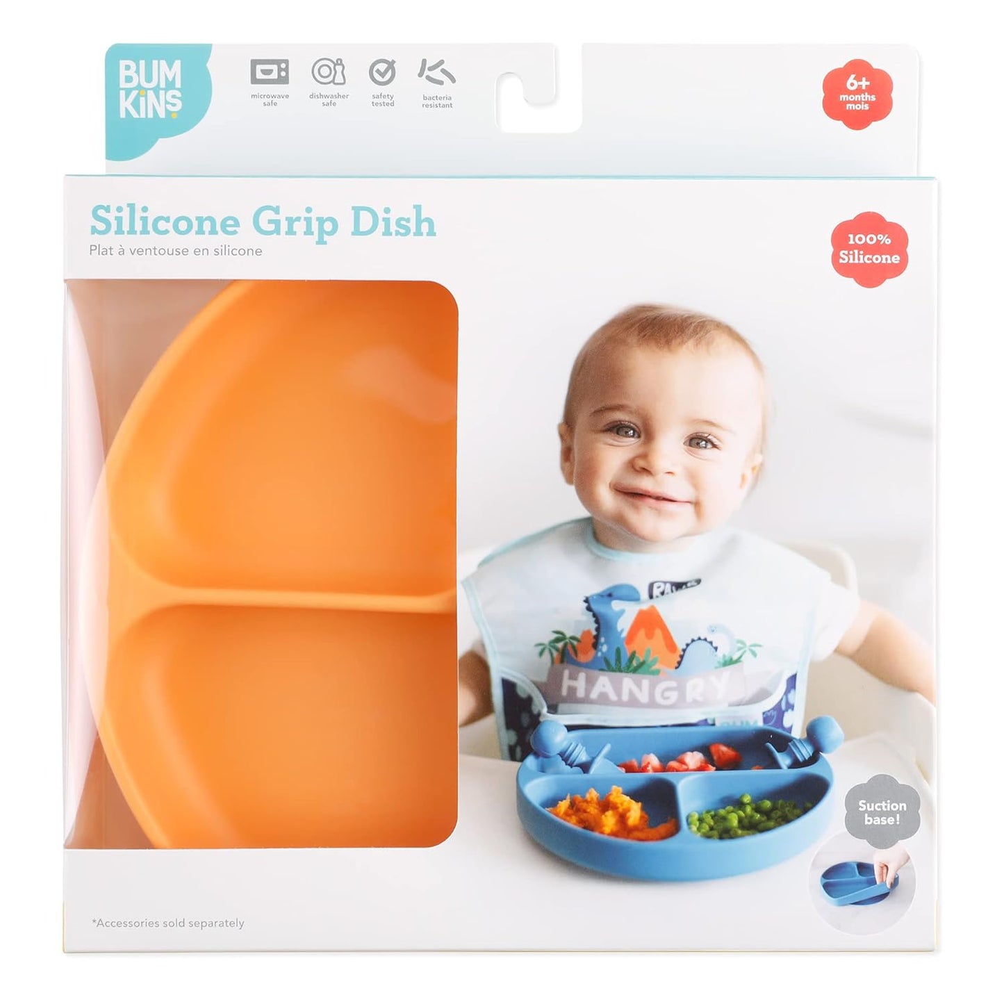Bumkins Toddler and Baby Suction Plate, Divided Grip Dish for Babies and Kids, Baby Led Weaning, Feeding Supplies, Sticks to Tables and Highchairs, Platinum Silicone, for Chidren 6 Months, Gray