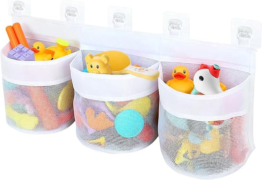 Bath Toy Storage Organizer, Multi-Use Mesh Net for Bathtub Toys, Shower Toy Holder Basket, Fits for Bathroom Wall, Shower Area, Tub Side and Poolside, Fast Draining, White