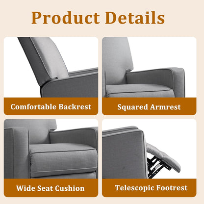 Swivel Rocker Recliner Chair for Adults, High Back Fabric Recliner with Deep Seat, Manual Glider for Living Room & Nursery, Grey