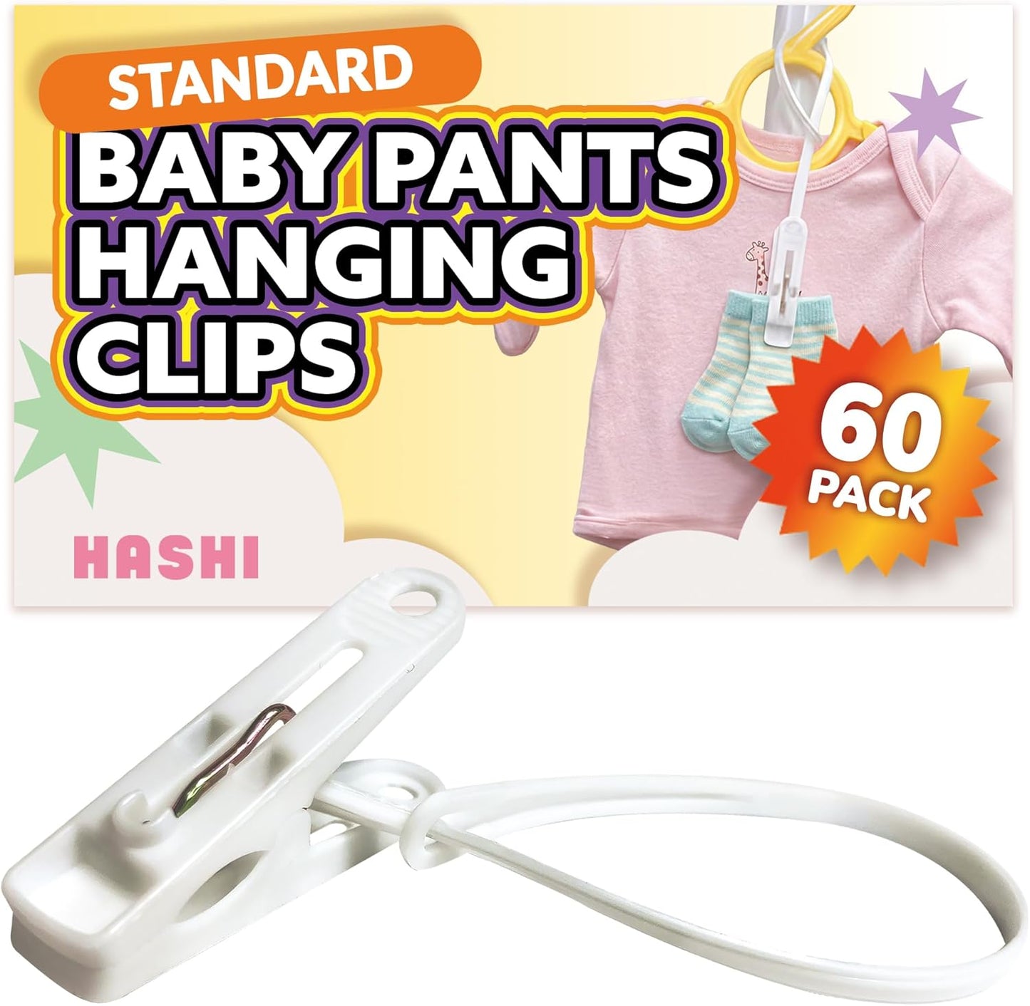HASHI Baby Clothes & Pants Clips, Non-Slip Hanger Clips with Strong Grip, Space-Saving Organizer for Baby & Toddler Laundry, Closet, Socks, Stroller, Travel & Drying Rack (60, Standard)