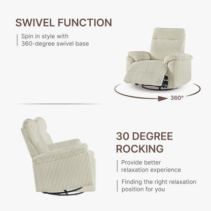 KISLOT Swivel Rocker Recliner for Adults, Corduroy 360 Degree Swivel Glider Recliner Manual 3-Position Adjustable Easy Assembly for Small Space Living Room Nursery Bedroom