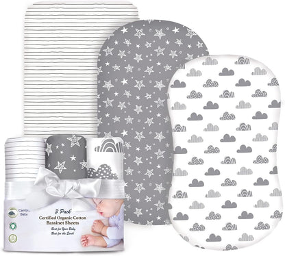 100% Organic Cotton 2 Pk Bedside Sleeper Bassinet Fitted Mattress Sheets Perfectly Compatible with Mika Micky, Baby Delight, Ronbei, Chicco, Cloud Baby, AMKE, Angelbliss, Arm's Reach. Cloud, Stripe