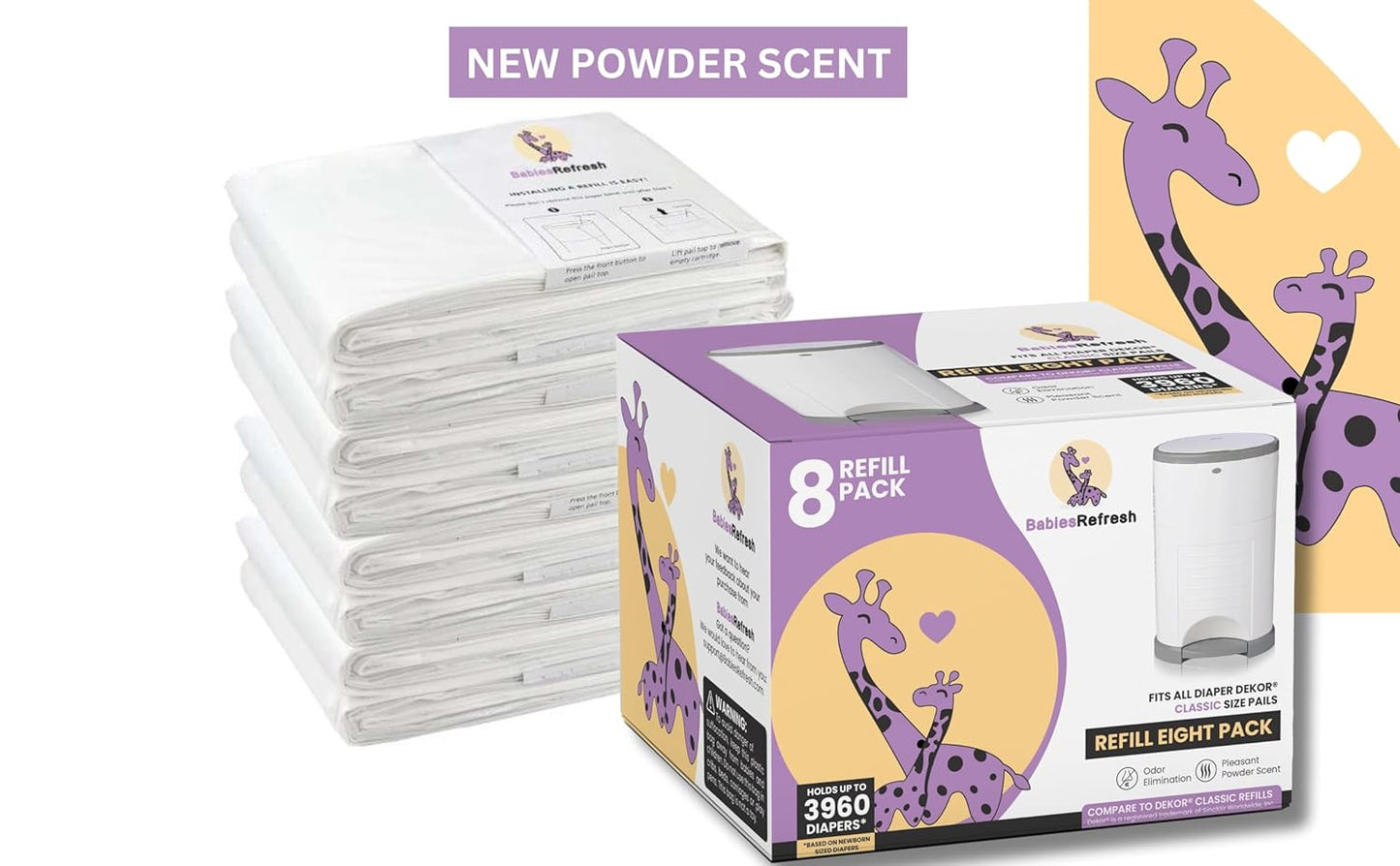 Refills Compatible with DEKOR PLUS Diaper Pail Refills | 8 Pack | Diaper Pail Odor Eliminator| Fresh Powder Scent | Each Diaper Bag Refill Holds up to 4640 Diapers | Diaper bin refill