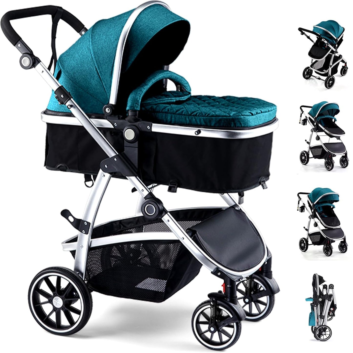 Baby Stroller, 2-in-1 Reversible Toddler Seat with Lie-Flat Mode, Foldable Infant Stroller with Canopy, One Button Brake, Adjustable Handle, Newborn Pushchair (Black B)
