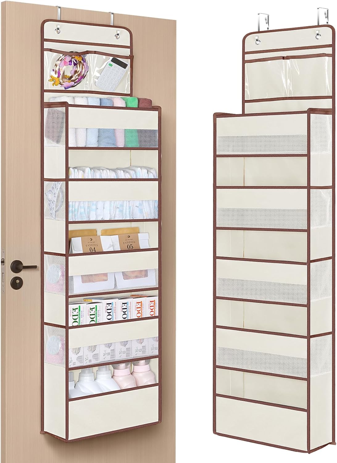Univivi Over The Door Organizer, 5 Shelf Door Hanging Organizer Nursery Door Storage with 4 Large Compartments and 2 Small PVC Pockets 6 Side Pockets for Bathroom,Cosmetics and Nursery Baby Essential
