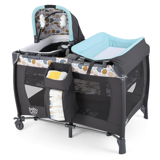 BABY JOY 5 in 1 Pack and Play, Portable Nursery Center Baby Playard w/Bassinet & Diaper Changing Table, Bag, Infant Bassinet Crib Activity Center for Baby Toddlers Indoor Outdoor (Royal Blue, Classic)