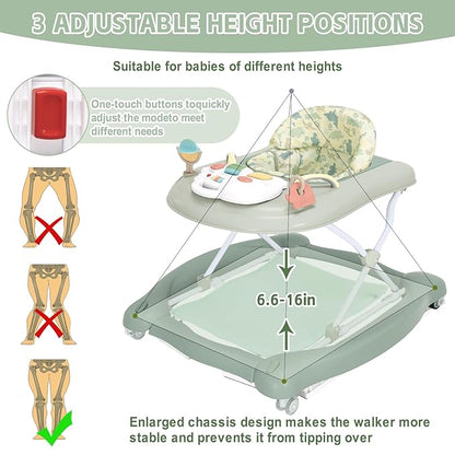 5 in 1 Foldable Baby Walker,Activity Baby Walker-Baby Bouncer,Rocker,Activity Center,Seat and Push Walker,Detachable Footrest Mat,Adjustable Speed Rear Wheels and Height,Ages 6-18 Months (Light Green)