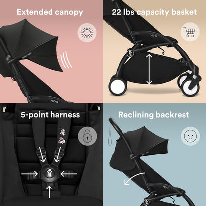 Stokke YOYO3 Stroller from 6 Months - Includes Black Frame, Seat Cushion & Canopy - Folds in & Out in a Flash - Light & Compact - Carry-On Compatible