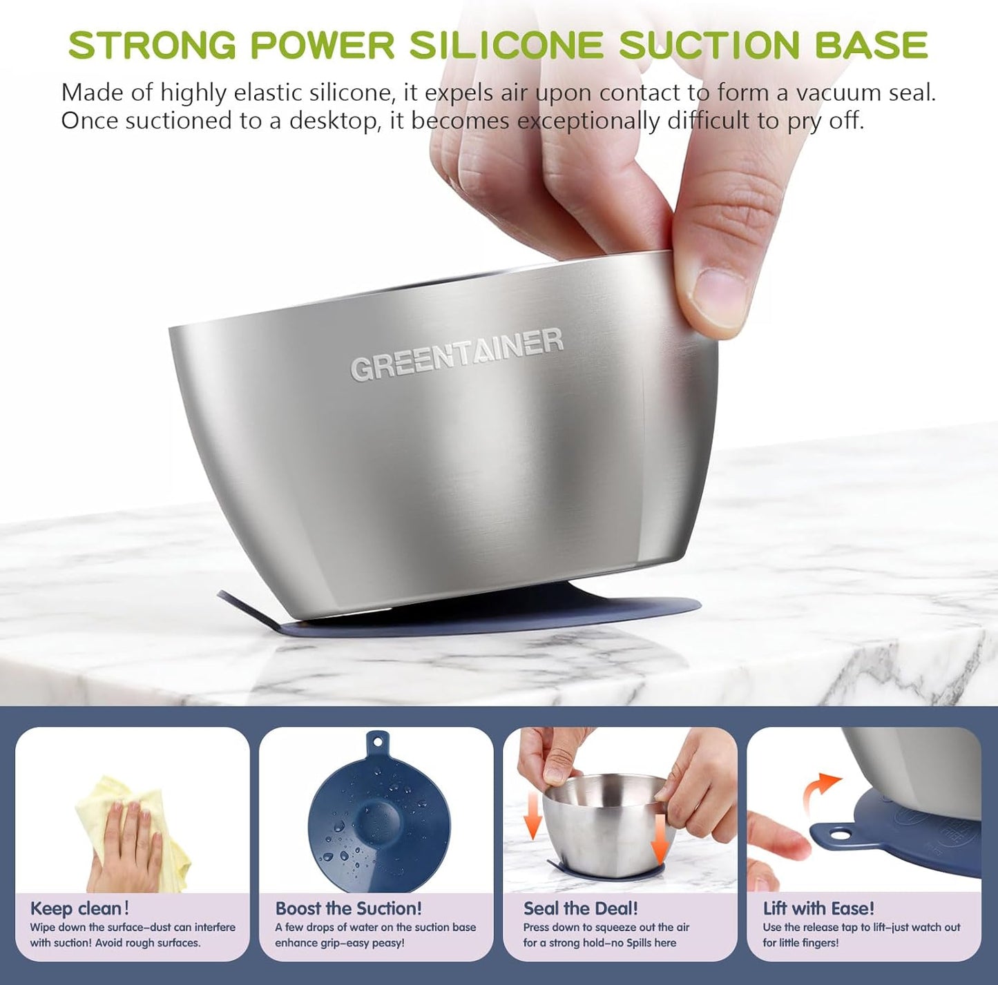 Greentainer Stainless Steel Baby Bowl Set of 3, Double Wall Insulated, Unbreakable Toddler Bowls with Removable Silicone Suction Base, Non-Slip, Dishwasher Safe, BPA-Free for Infants 6+ Months (Green)
