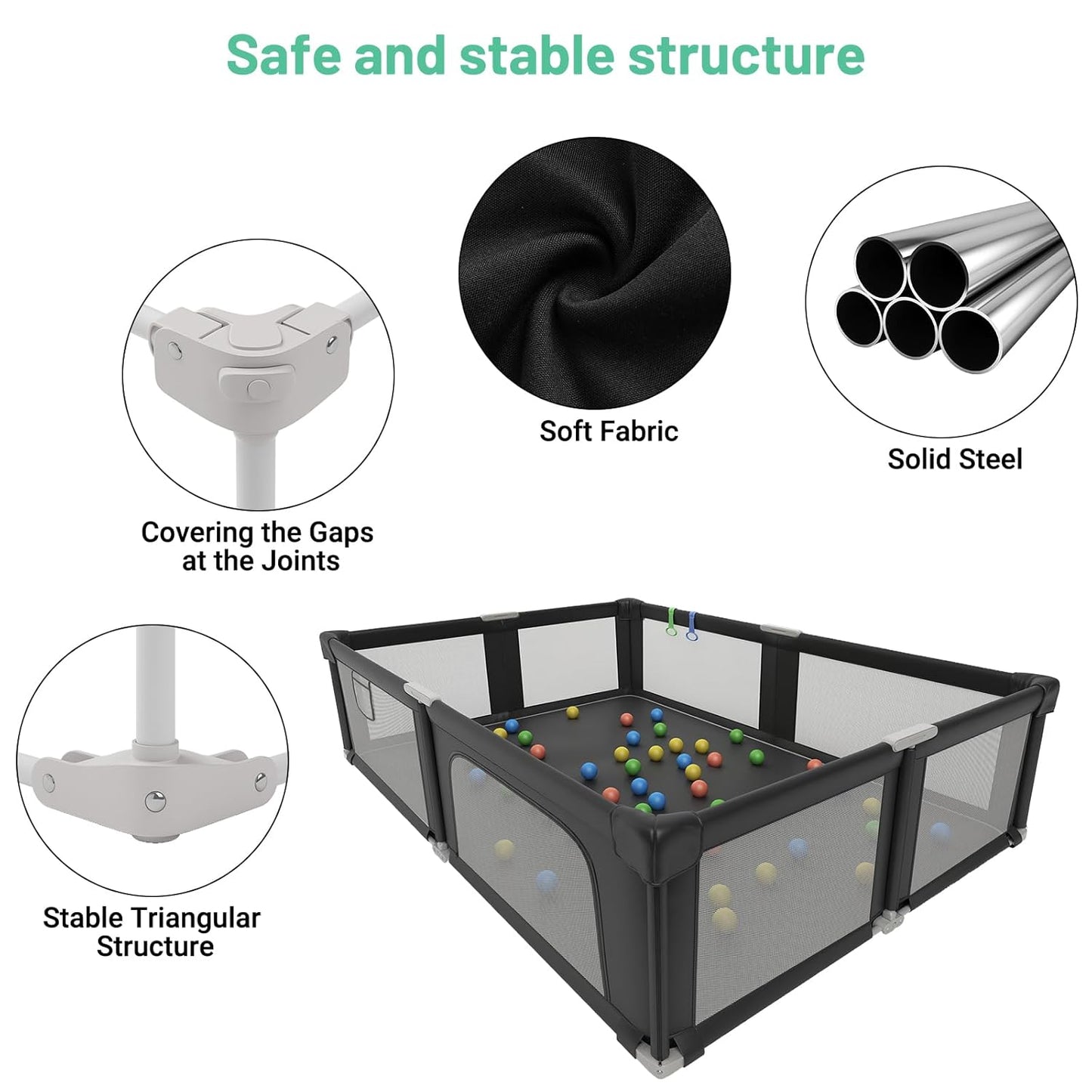 Foldable Playpen for Babies and Toddlers, 51" Portable Play Pen with Mat and Ocean Balls, Play Yard with with Visible Mesh for Inddor and Outdoor, No Assembly Required, Dark Gray