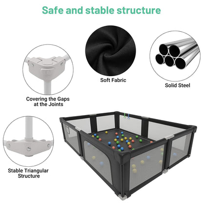 Foldable Playpen for Babies and Toddlers, 51" Portable Play Pen with Mat and Ocean Balls, Play Yard with with Visible Mesh for Inddor and Outdoor, No Assembly Required, Dark Gray