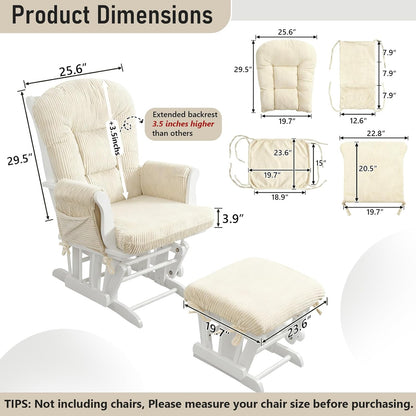 5PCS Glider Rocker Replacement Cushions with Storage Side Pockets, Thickened 3.5IN Seat & Supportive Striped Plush Rocking Chair Cushion Set with Ottoman Cover for Indoor Nursery, Beige