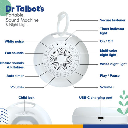Dr. Talbot's Portable Sound Machine & Night Light - White Noise Machine with Battery Operated Night Light for Baby Nursery - Features 26 Sleep Sounds & 7 Light Colors - Baby Essentials