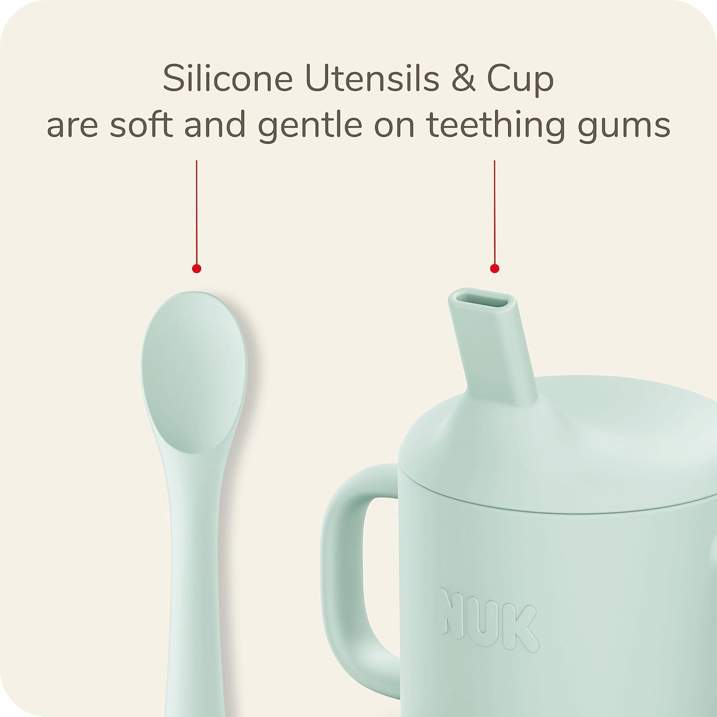 NUK Silicone Baby Tableware Bundle, Includes 1 Plate, 1 Bowl, 1 Cup, & 1 Spoon, Durable Suction Feature Helps Reduce Spills, Microwave-Safe, BPA-Free