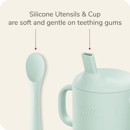 NUK Silicone Baby Tableware Bundle, Includes 1 Plate, 1 Bowl, 1 Cup, & 1 Spoon, Durable Suction Feature Helps Reduce Spills, Microwave-Safe, BPA-Free