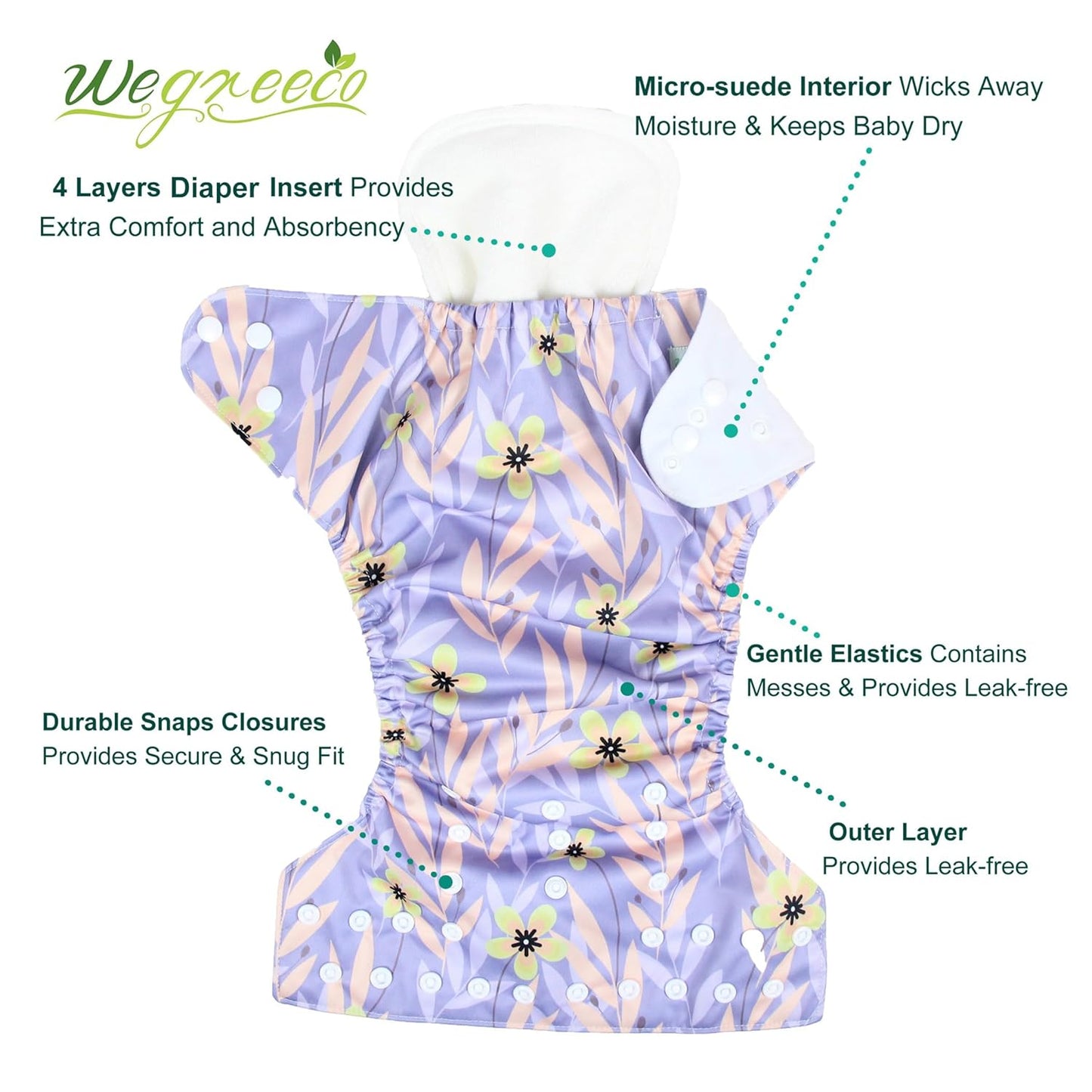 wegreeco Cloth Diapers 6 Pack with 6 Inserts & 1 Wet Bag, Washable Cloth Diapers for Babies, One Size Adjustable Reusable (Flower)