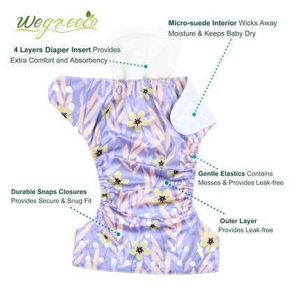 wegreeco Cloth Diapers 6 Pack with 6 Inserts & 1 Wet Bag, Washable Cloth Diapers for Babies, One Size Adjustable Reusable (Flower)