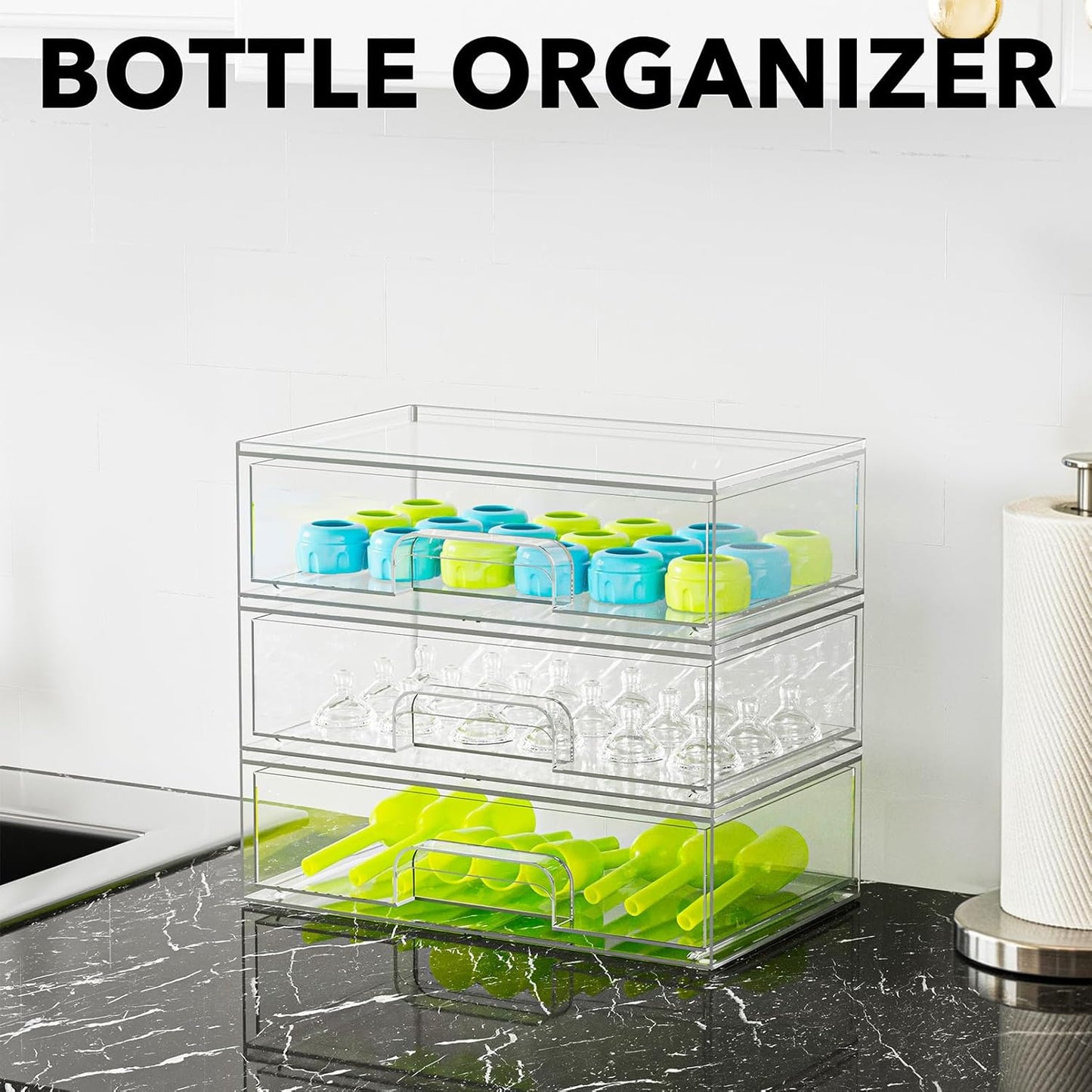 SpaceAid Bottle Storage Organizer Baby - Acrylic Bottles Station Organizer Container, Stackable Clear Drawers for Countertop, Vanity, Bathroom, Cabinet, Pantry Organization, 5 Pack, 2S2M1L, 15.4" H