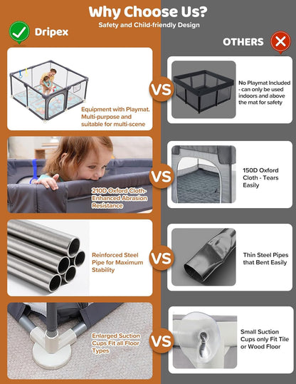 Dripex Baby Playpen, 47"x47" Small Playpen for Babies, Enhanced Safety Baby Play Yard for Indoor & Outdoor, Infant Play Pen with Soft Breathable Visible Mesh, Anti-Fall Design & Easy Setup, Grey