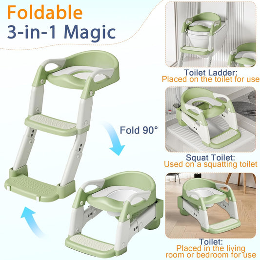 Potty Training Seat with Step Stool Ladder, 3-in-1 Toddler Toilet Seat and Potty Chair with Splash Guard, Anti-Slip Pad Adjustable, Potty Training Toilet for Kids Boys Girls Toddlers Green