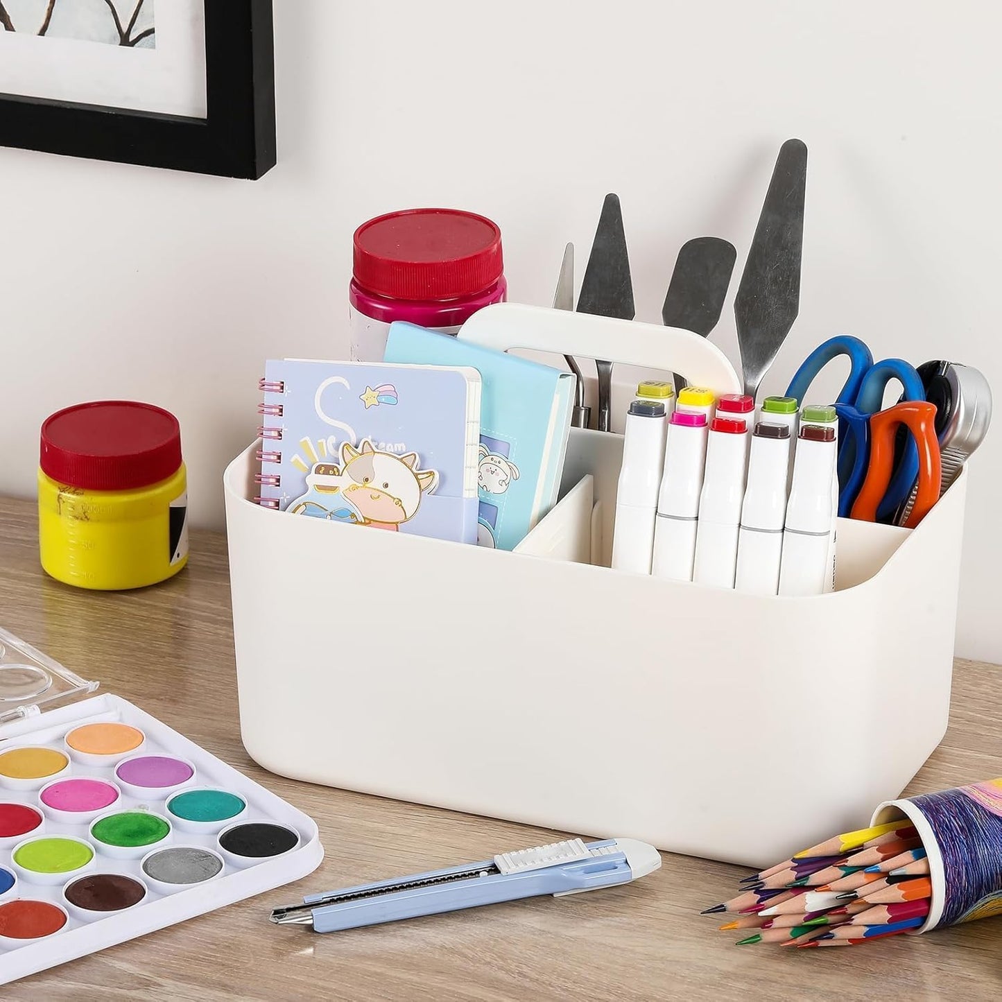 Multiuse Caddy Organizer with Handle, Portable Divided Plastic Tote Bin - Art Craft, Stationary Pen Marker Crayons, Makeup Hair Supplies Storage - Bathroom, Classroom, Dorm, Office, Desk Holder - Pink