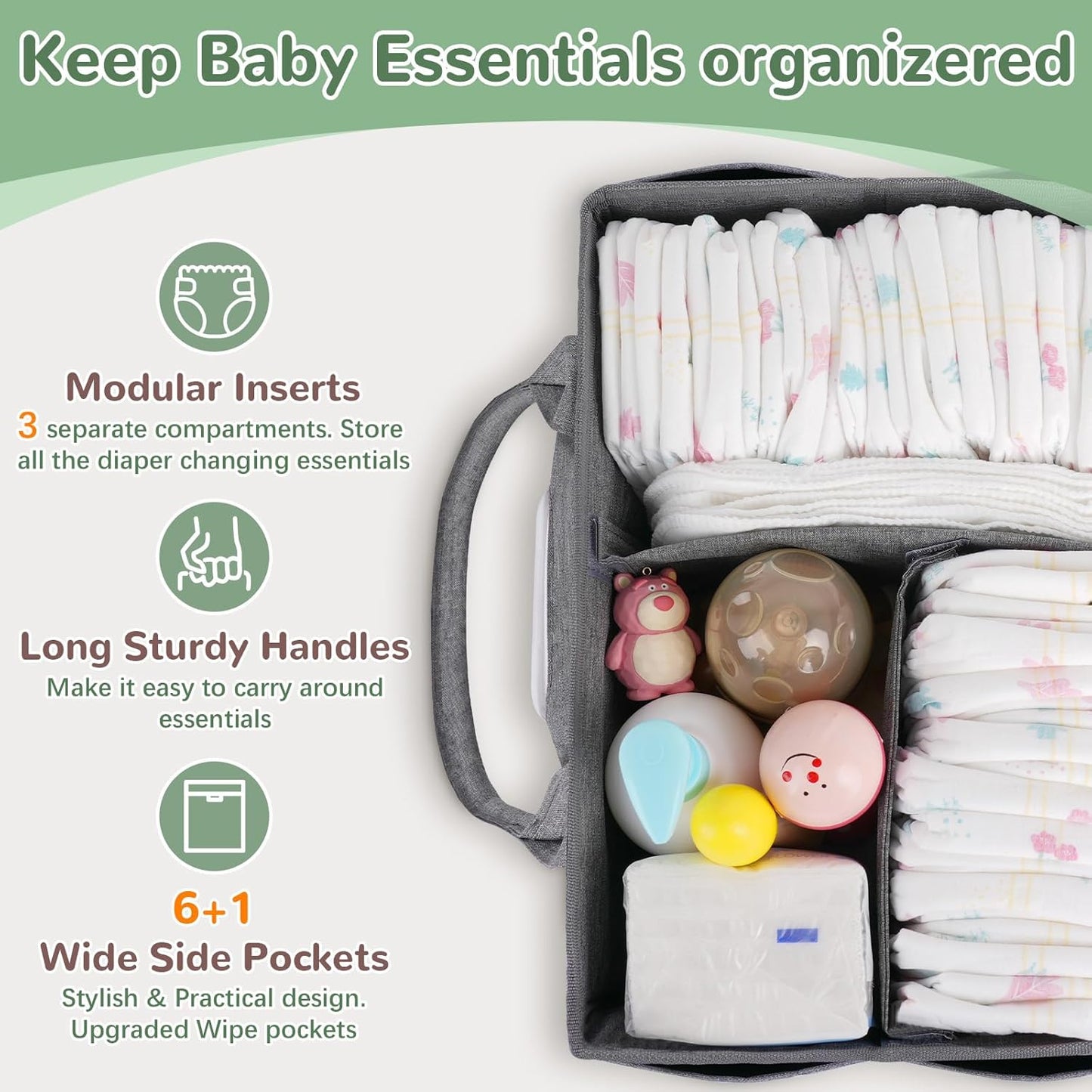 Volnamal Diaper Caddy with Wipe Dispenser One-Handed Access, Premium Diaper Organizer, Portable Car Organizer Nursery Basket for Newborn Essentials, Baby Registry Must Haves for Boys & Girls,Grey