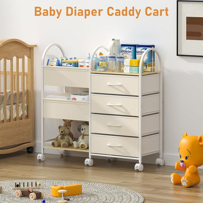 Baby Diaper Caddy Organizer Cart with Wheels, 4-Tier Rolling Diaper Cart with Dividers and Drawers, Multi-Layer Nursery Storage for Diapers & Baby Essentials