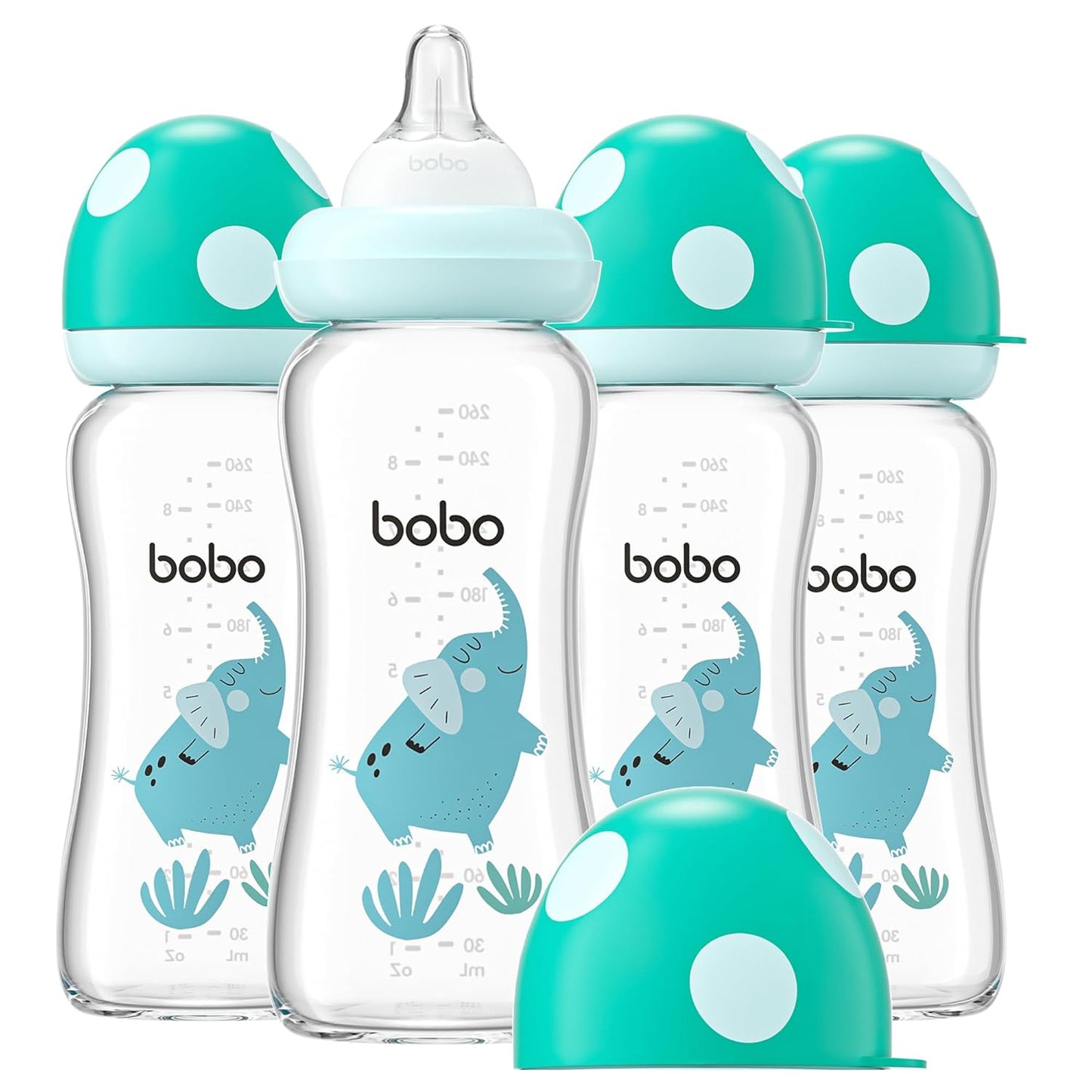YOHKOH Natural Glass Baby Bottle with Level 1 Slow Flow Nipple, Newborn Anti-Colic Baby Bottles, Wide Neck Mushroom Baby Glass Bottle (Multicolour-A, 3.4oz (Pack of 4))