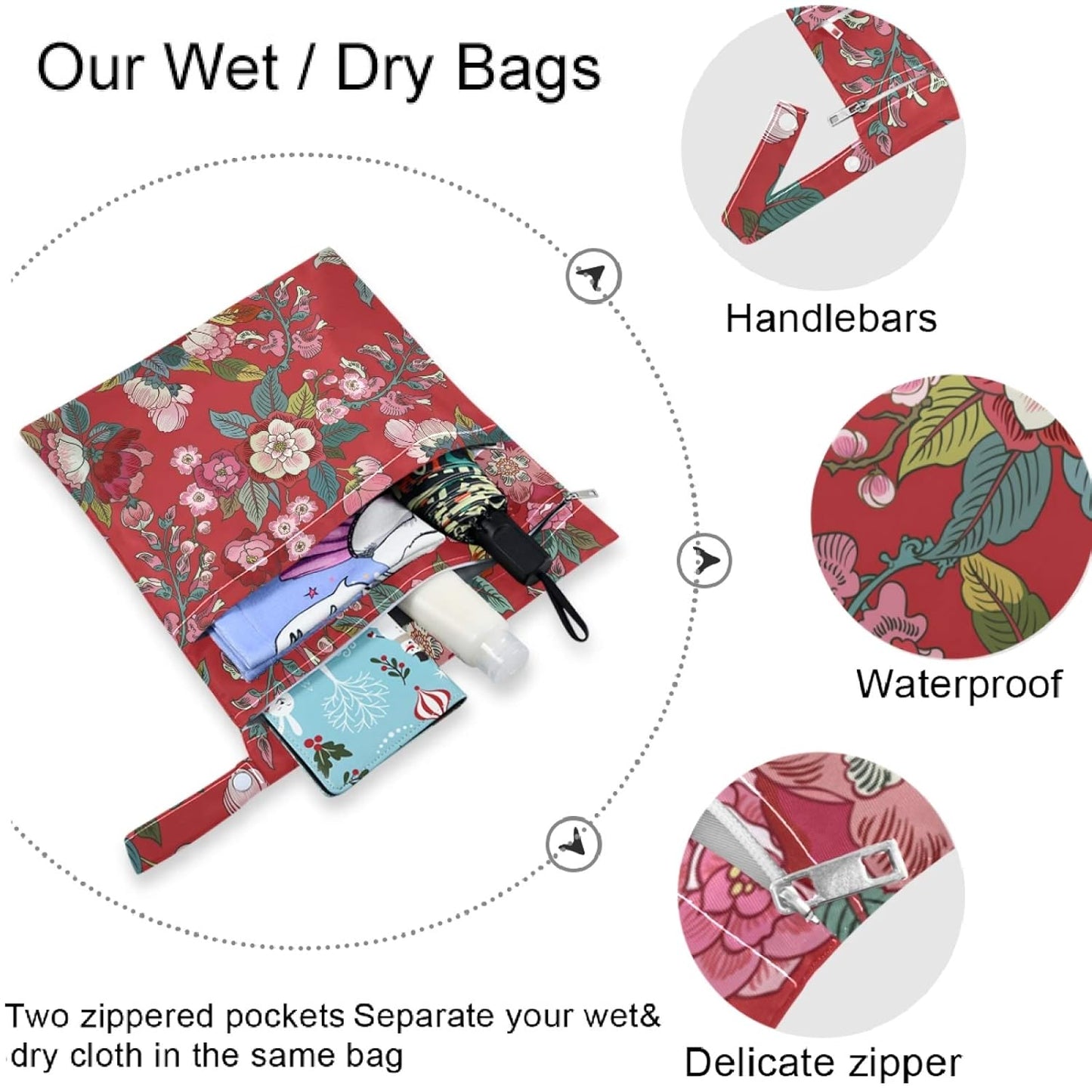 visesunny Leopard Grain 2Pcs Wet Bag with 2 Zippered Pockets Snap Handle Washable Reusable Roomy for Travel,Beach,Pool,Daycare,Stroller,Diapers,Dirty Gym Clothes, Wet Swimsuits, Toiletries