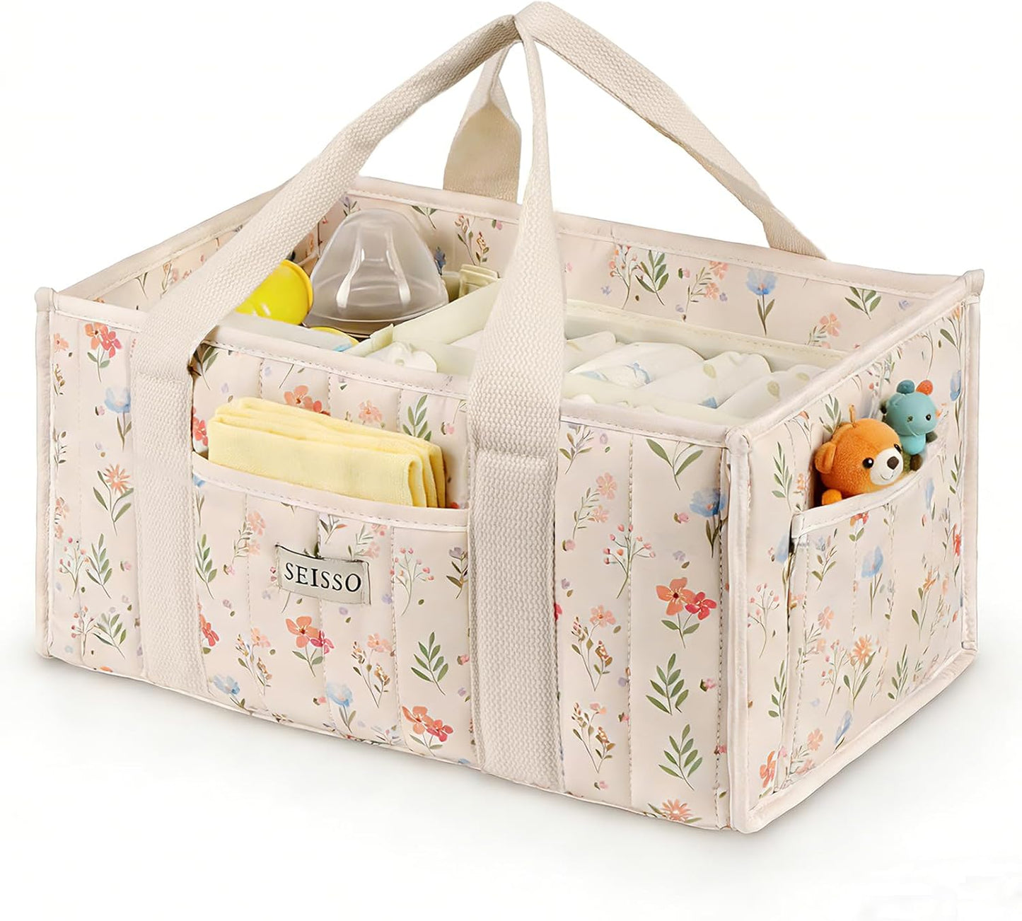 SEISSO Diaper Caddy Organizer with Handle, Portable Baby Gift Basket, Floral Diaper Organizer Nursery Storage Bag, Newborn Girl Boy Essentials, Gift for Baby Shower