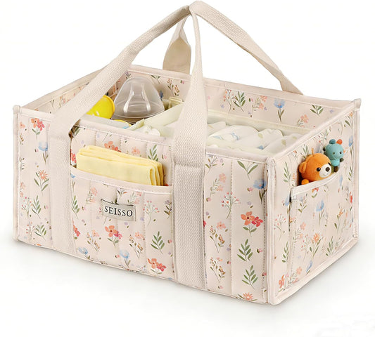 SEISSO Diaper Caddy Organizer with Handle, Portable Baby Gift Basket, Floral Diaper Organizer Nursery Storage Bag, Newborn Girl Boy Essentials, Gift for Baby Shower