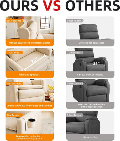 Large Glider Rocker Recliner,Rocking Chair Nursery with Adjustable Headrest,Swivel Rocker Recliner with Lumbar Support,Manual Nursery Rocker Recliner for Living Room& Bedroom,Chenille White