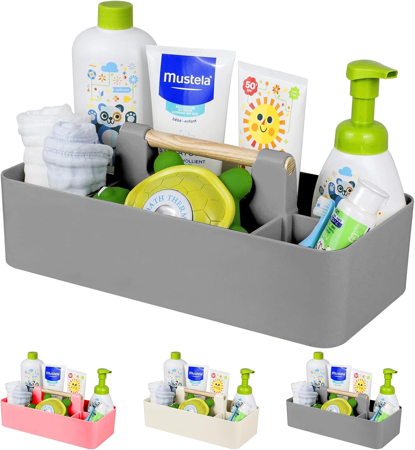 Baby Shower Caddy Plastic Nursery Portable Storage Organizer Caddy Tote for Child/Kids, Divided Basket Bin with Wood Handle for Bathroom, Dorm Room, Holds Hand Soap, Bottles, Spoons (Beige)