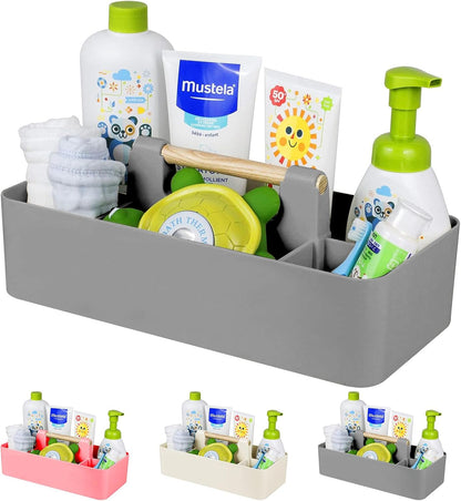Baby Shower Caddy Plastic Nursery Portable Storage Organizer Caddy Tote for Child/Kids, Divided Basket Bin with Wood Handle for Bathroom, Dorm Room, Holds Hand Soap, Bottles, Spoons (Beige)