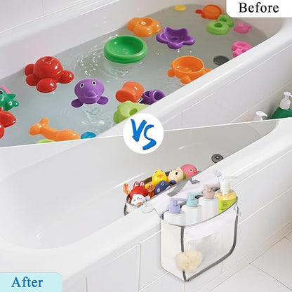 Saddle Shape Bath Toy Organizer, 2 Compartments Wide Opening Mesh Bath Tub Toy Storage for Easy Access to Toys, Side Pockets & Bottom Zipper Design, Quick Drying Toy Holder for Tub (Gray)
