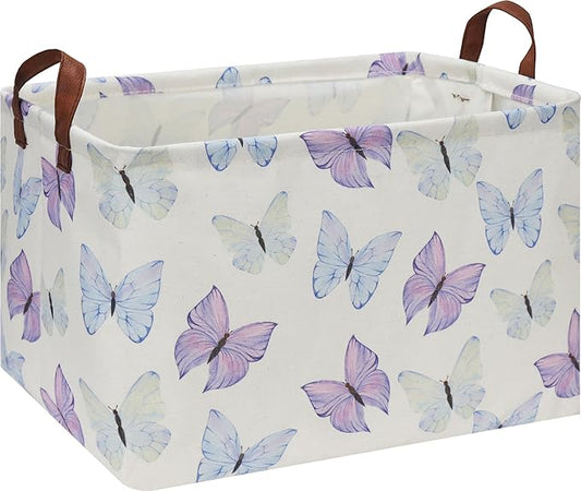 Rectangle Storage Basket with Handles, Collapsible Storage Bin, Books Box,Gift Basket(Blue & Purple Butterfly)