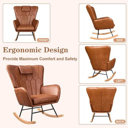 VECELO Rocking Chair Nursery with Thick Headrest, Modern Teddy Upholstered Reading Glider Rocker Accent Armchair with High Backrest, Padded Seat, Side Pocket, for LivingRoom, Bedroom, Baby Room, Pink