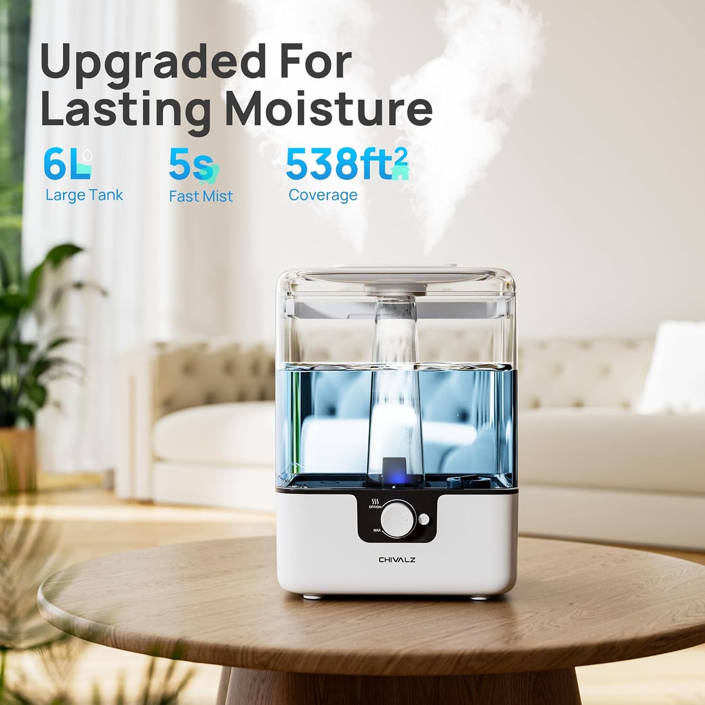 CHIVALZ Humidifiers for Bedroom Large Room, 6L Cool Mist Top Fill Humidifier with Essential Oil Diffuser, 26dB Quiet Ultrasonic Humidifier for Baby Nursery Plants, 50H Runtime Night Light 1 Pack White