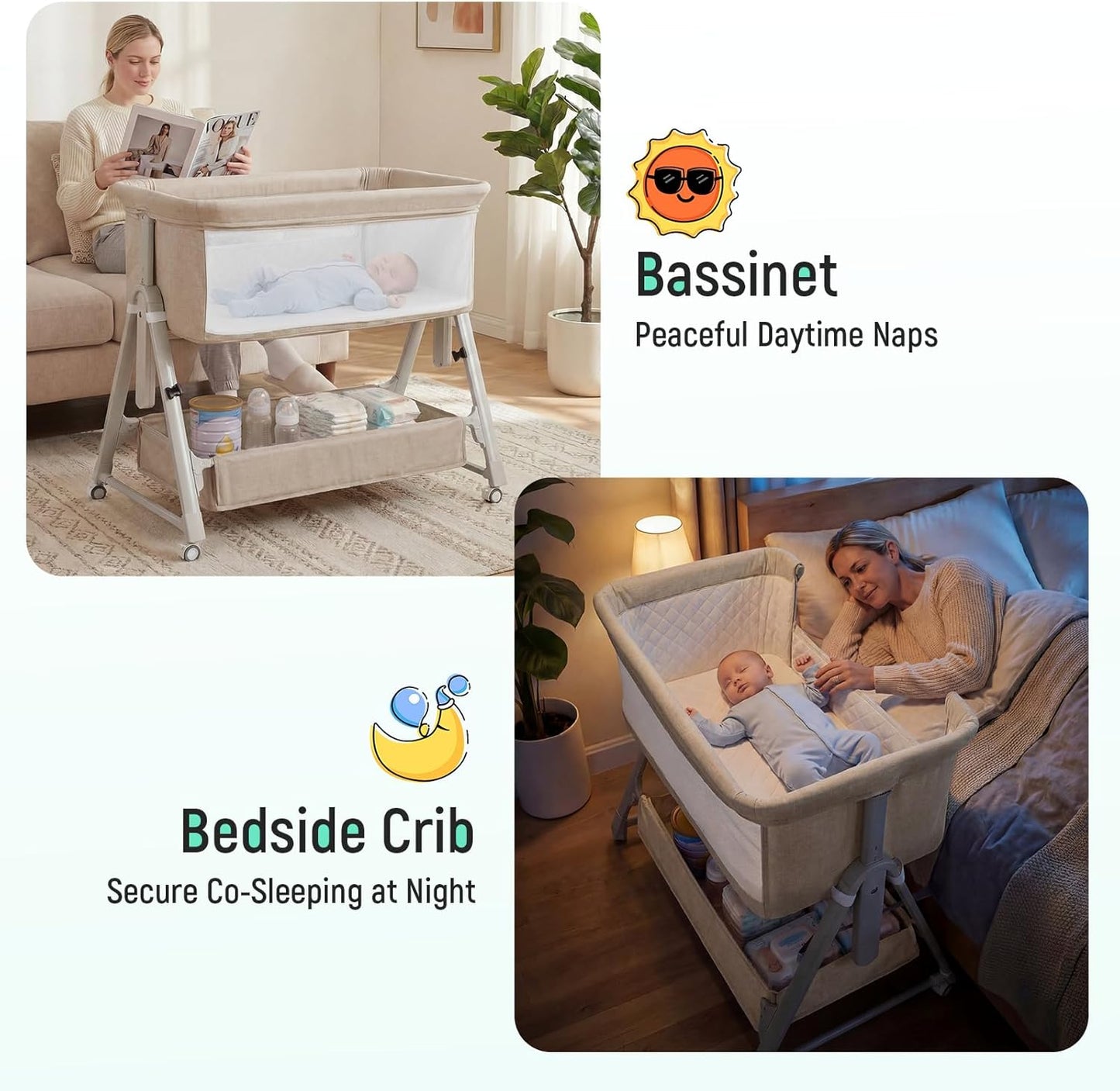 Cowiewie Bassinet Bedside Sleeper,3-in-1 Baby Bassinet with Mattress & Wheels,Easy Folding Portable Bedside Bassinet for Baby with Storage & Travel Bag,Breathable Mesh,Stable & Secure,Beige
