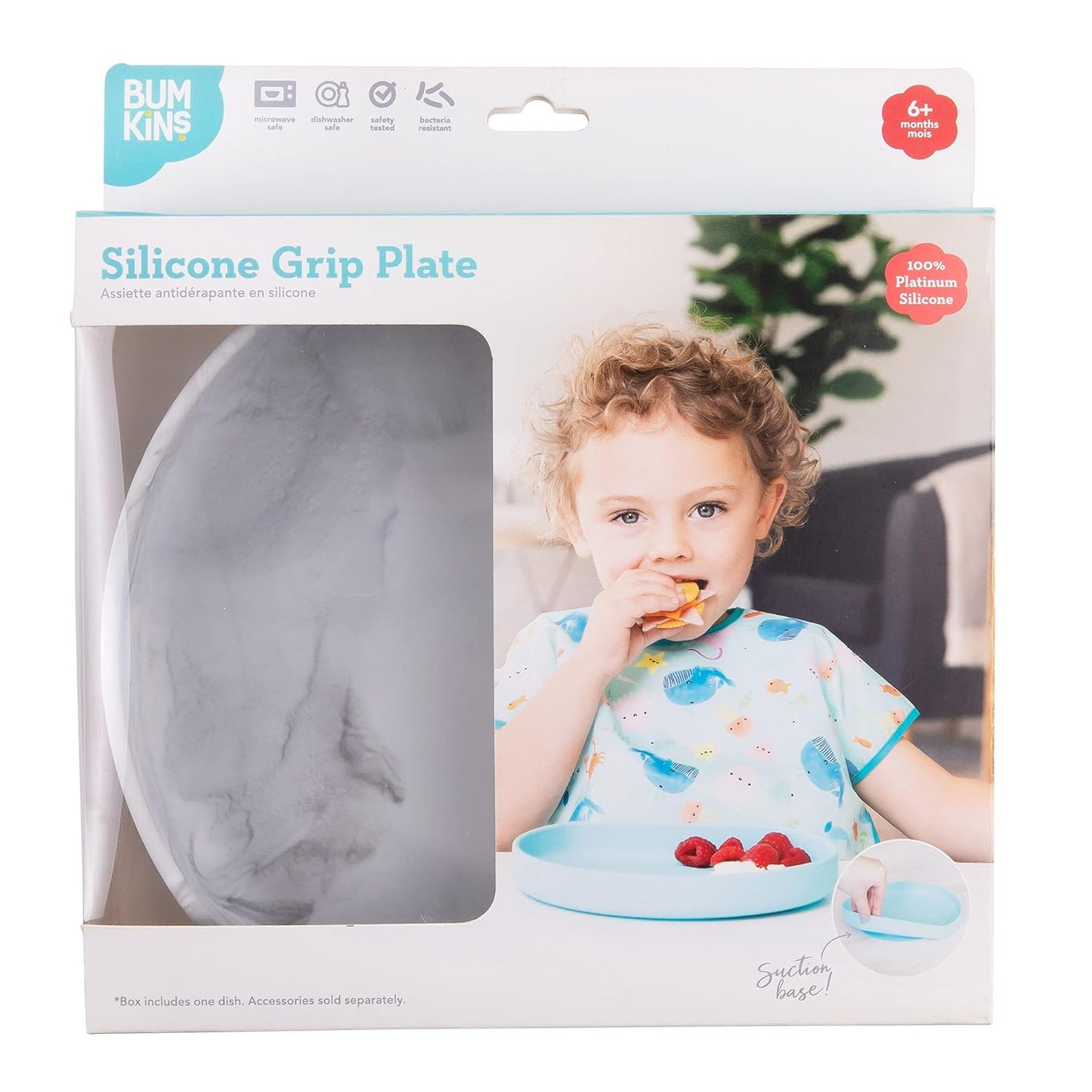 Bumkins Toddler and Baby Suction Plate, Divided Grip Dish for Babies and Kids, Baby Led Weaning, Feeding Supplies, Sticks to Tables and Highchairs, Platinum Silicone, for Chidren 6 Months, Gray