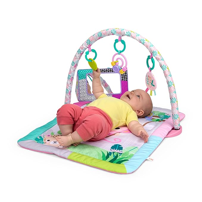 Bright Starts Treetop Bloom Baby Activity Gym & Tummy Time Mat with Toy Bar and 4 Toys, Prop-Up Mirror, Ages Newborn & Up