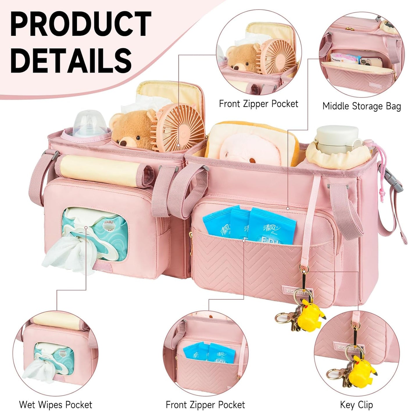 Universal Stroller Organizer with Insulated Cup Holders,Large Capacity Non-Slip Stroller Caddy Bag Fits for Uppababy/Doona/Jogger/Britax/Mompush/BoB with Anti-Sag Hard Bottom and Wet Wipes Pocket