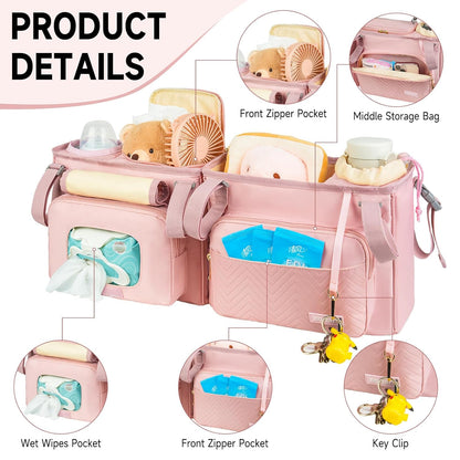 Universal Stroller Organizer with Insulated Cup Holders,Large Capacity Non-Slip Stroller Caddy Bag Fits for Uppababy/Doona/Jogger/Britax/Mompush/BoB with Anti-Sag Hard Bottom and Wet Wipes Pocket