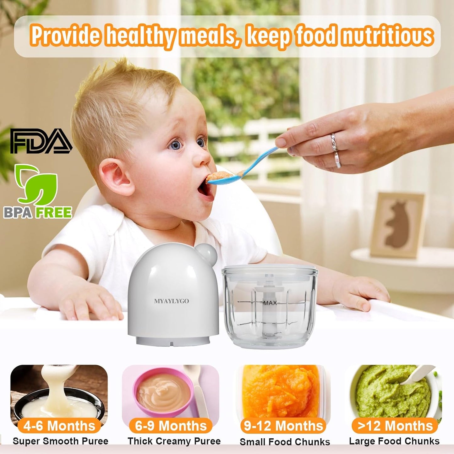 Baby Food Processor, MYAYLYGO Baby Food Maker Gift for Baby Food, Meat, Vegetable, Fruit, Baby Food Blender for Newborn Shower Gifts for Homemade Food&Purees, Medium, White, MGBFM-003WT