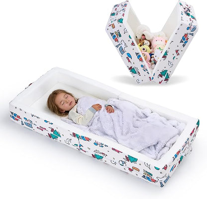 Umoving Portable Foldable Toddler Travel Bed – Air Layer Fabric Soft Foam Floor Crib with Safety Rails, No Assembly, Washable Cover, Compact Kids Sleep Solution for Home, Trips & Daycare, Cream