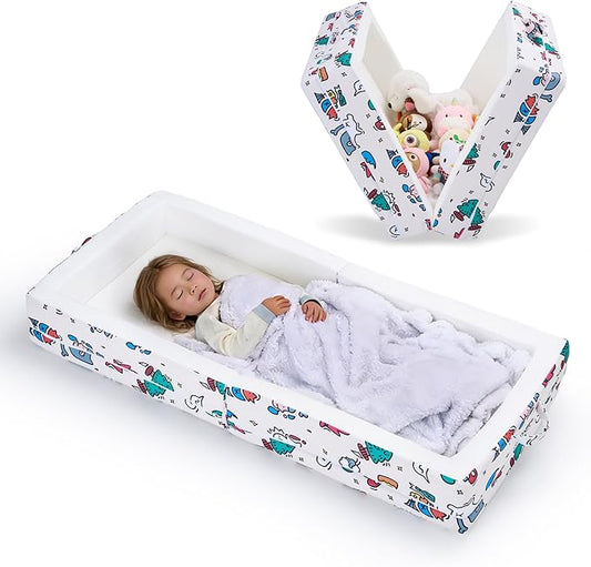 Umoving Portable Foldable Toddler Travel Bed – Air Layer Fabric Soft Foam Floor Crib with Safety Rails, No Assembly, Washable Cover, Compact Kids Sleep Solution for Home, Trips & Daycare, Cream