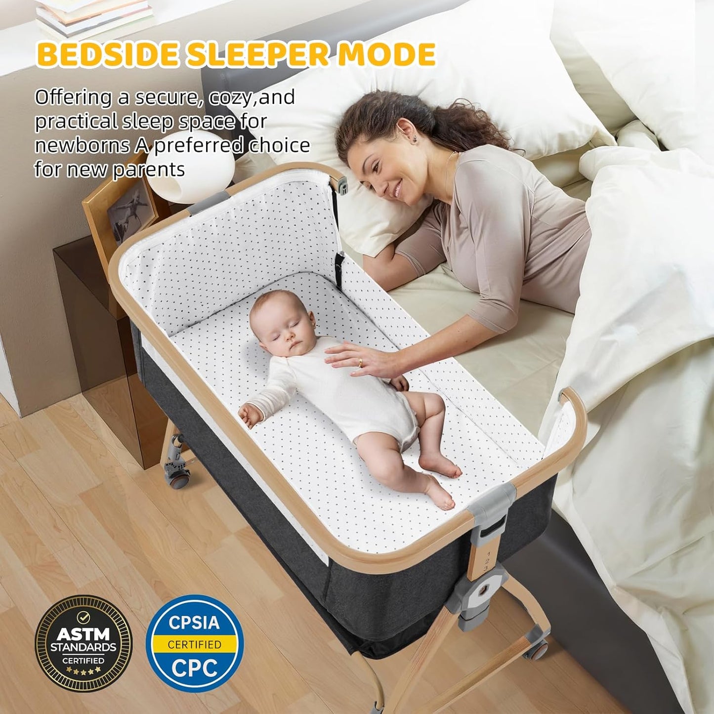 Bassinet Bedside Sleeper,Bedside Bassinet,Rocking Bassinet,3 in 1 Portable Bedside Crib with Mattress,Mobile,Mosquito Net,Storage Basket,6-Height Adjustable Baby Bassinet with Wheels for Newborn,Beige